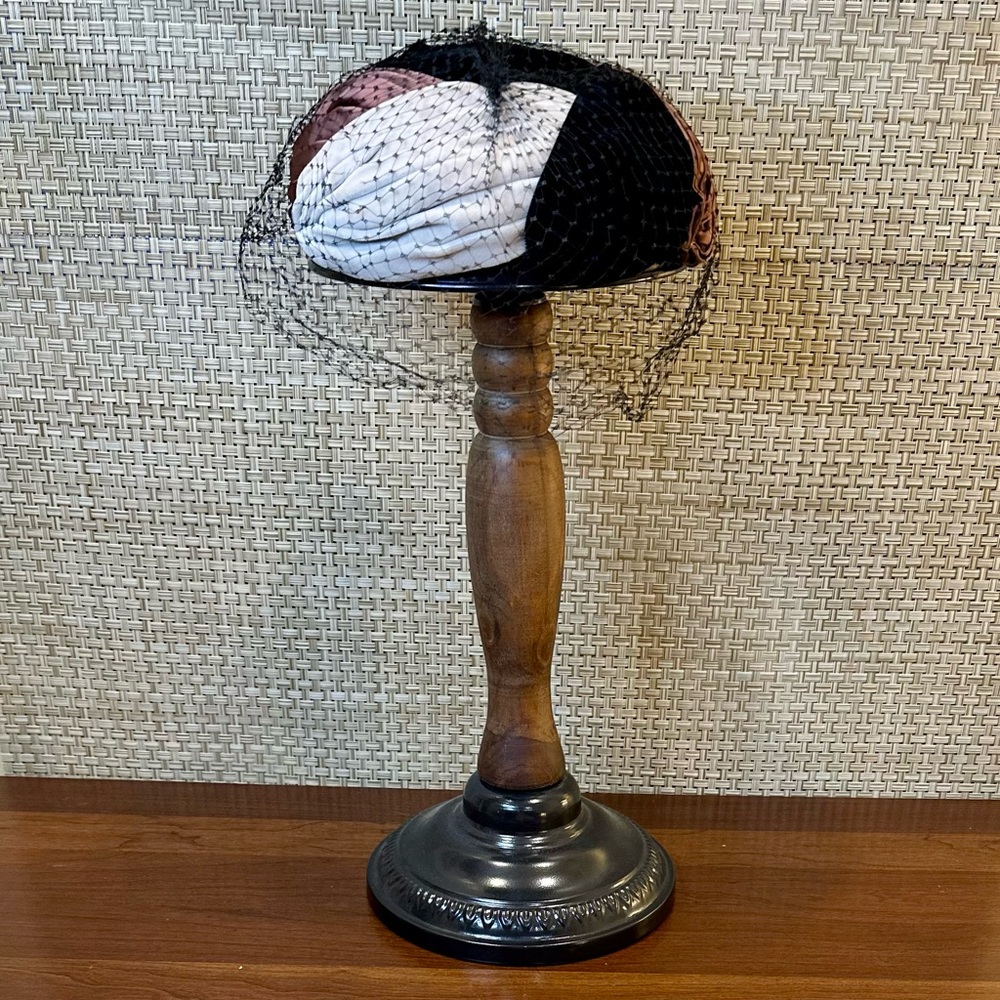 VTG 1950s Cocktail Half-Hat Black Velvet & Two-Tone Satin with Birdcage Veil
